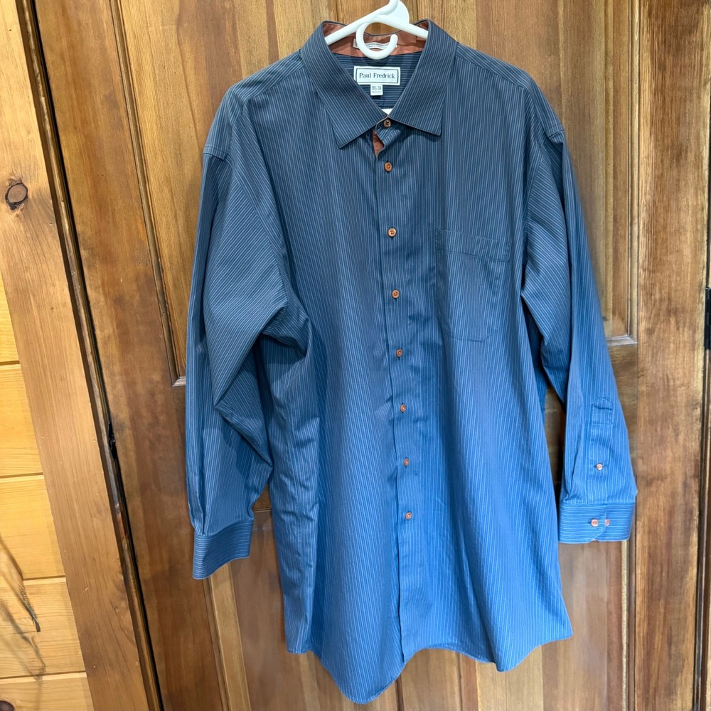 Paul Fredrick Mens Blue Pinstripe Non-Iron Cotton Dress Shirt 18.5 34 LS XXL 2XL